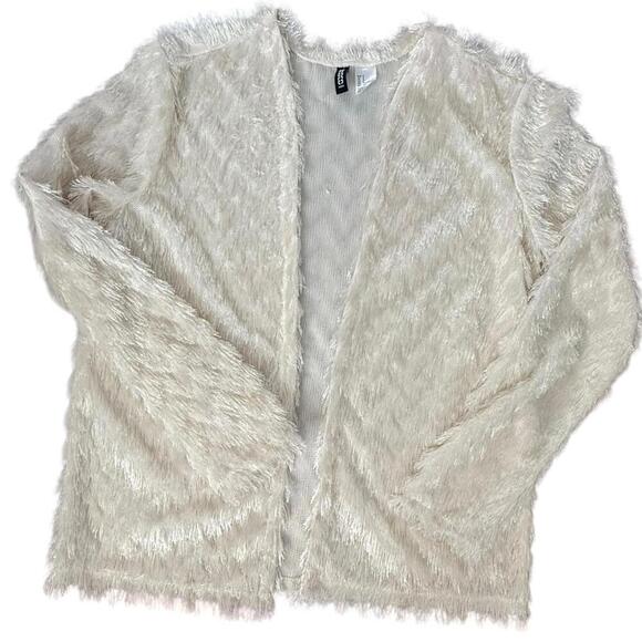 H&M Cream Faux Fur Shaggy Long Sleeve Open Front Cardigan Women’s Small - Picture 2 of 6